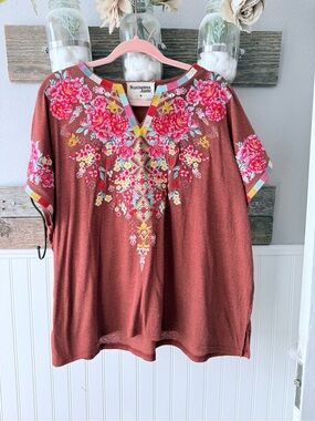 Savanna Jane Rust Floral Embroidered V-Neck Tunic Top